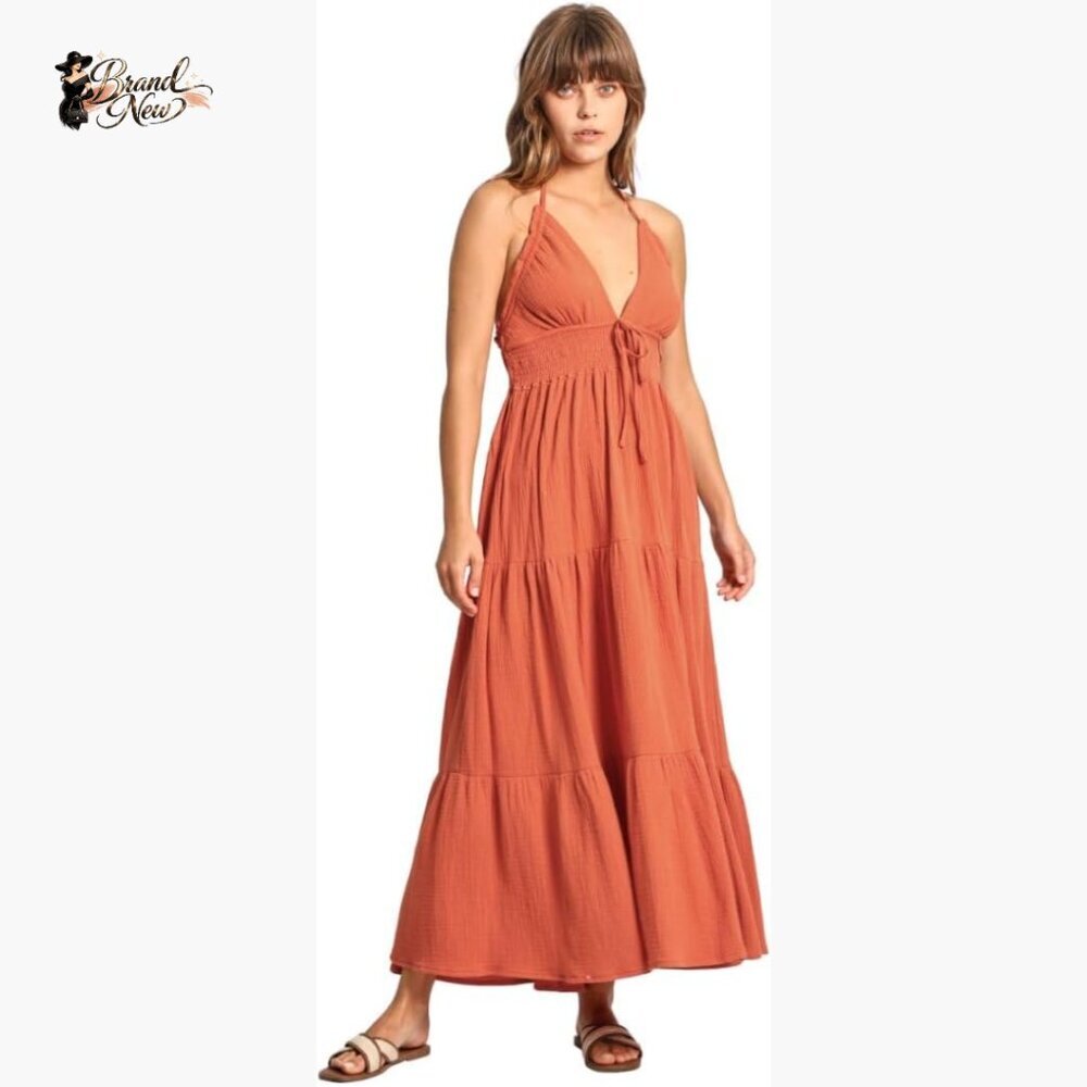 Summer Crinkle Cotton Gauze V-Neck Smocked Maxi Dress Beach Resort